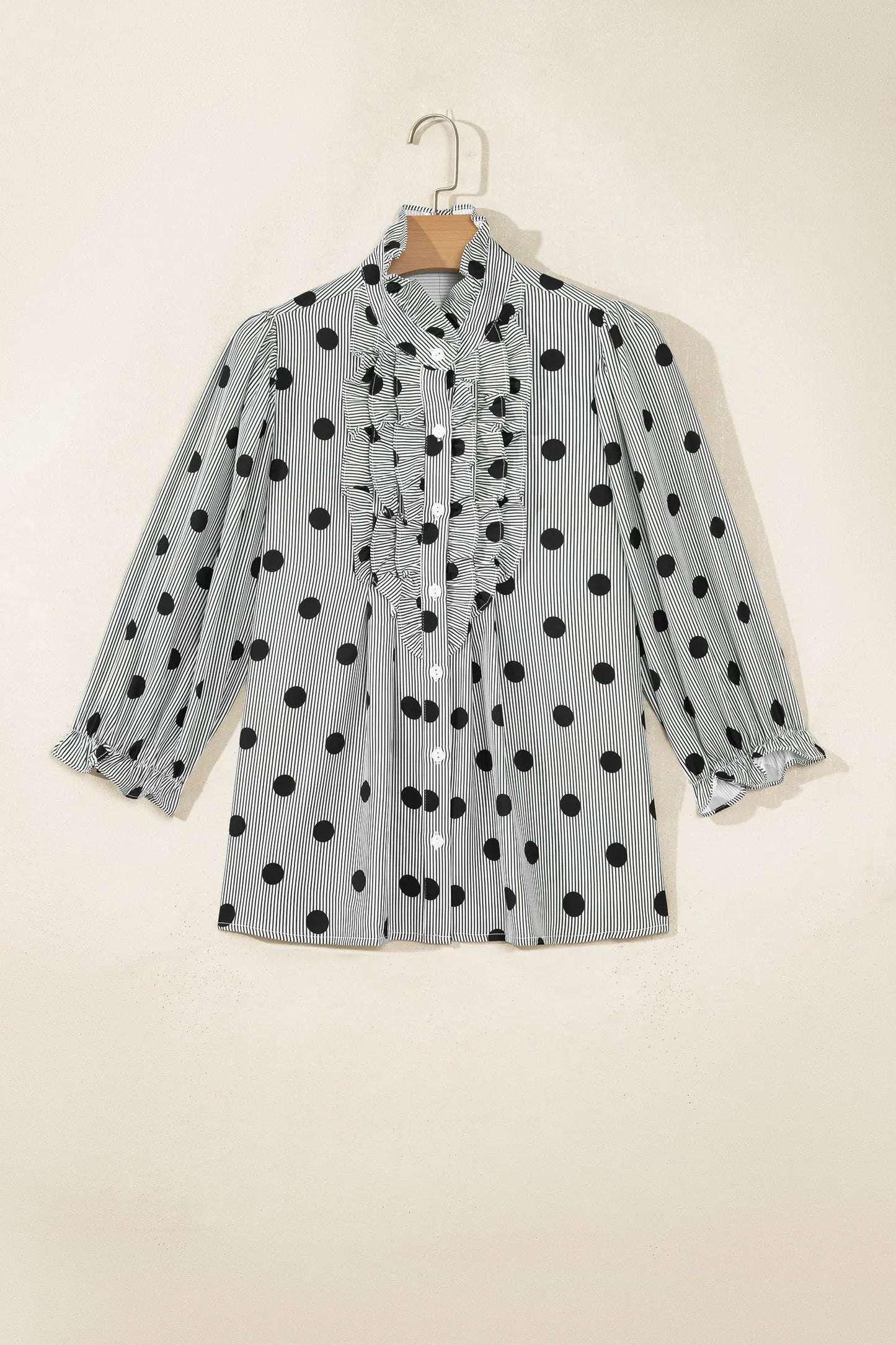 Fiery Red Polka Dot Striped Print Ruffle Stand Neck 3/4 Sleeve Shift Shirt