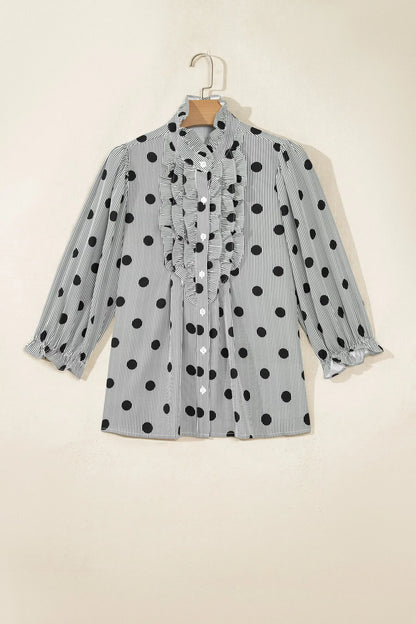 Fiery Red Polka Dot Striped Print Ruffle Stand Neck 3/4 Sleeve Shift Shirt