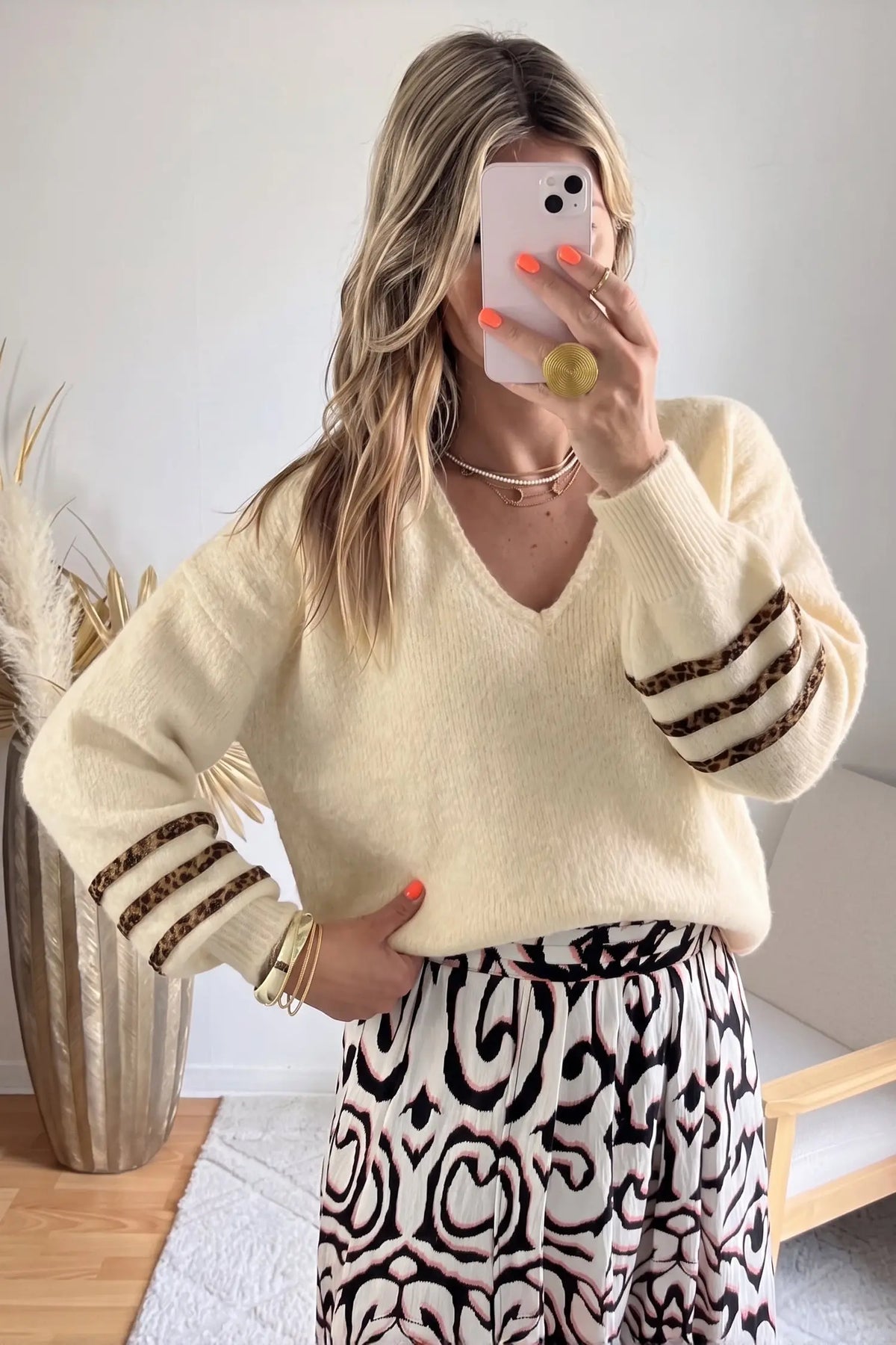 Beige V Neck Leopard Striped Detail Long Sleeve Casual Sweater model front view · nz-alt-v1