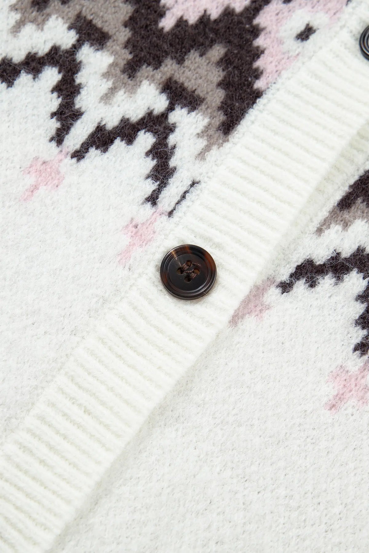 White Geometric Pattern Brushed Knit Button Cardigan detail view · nz-alt-v1