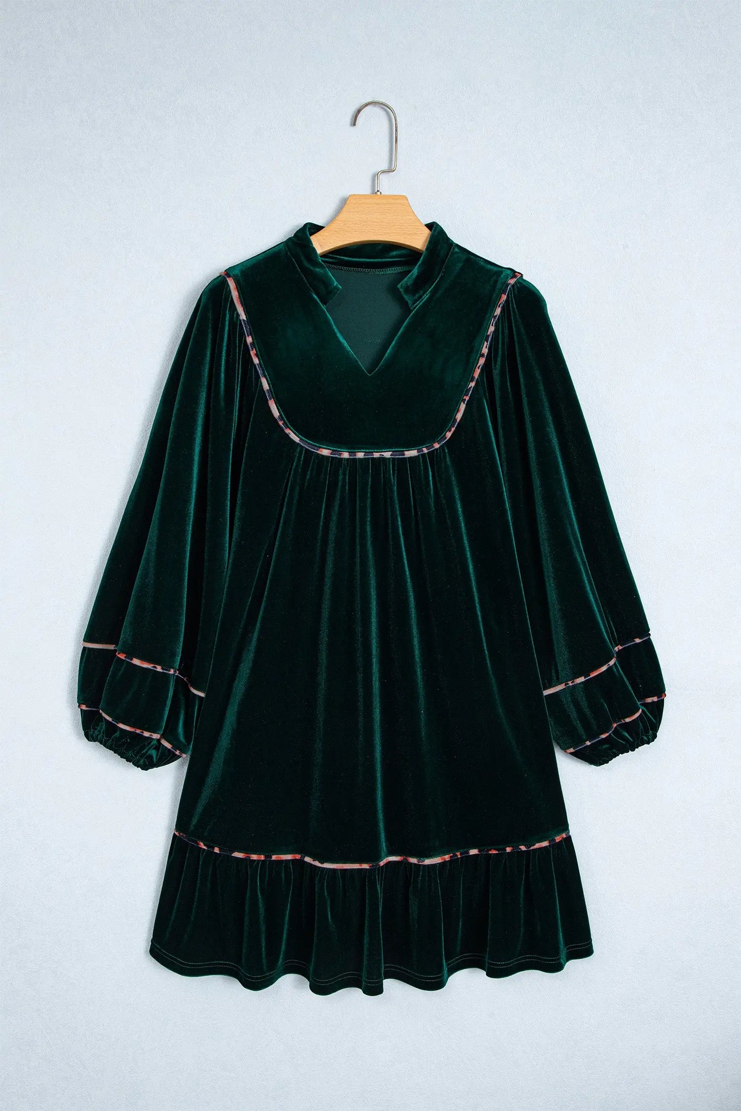 Blackish Green Leopard Trim Velvet Long Sleeve Shift Dress
