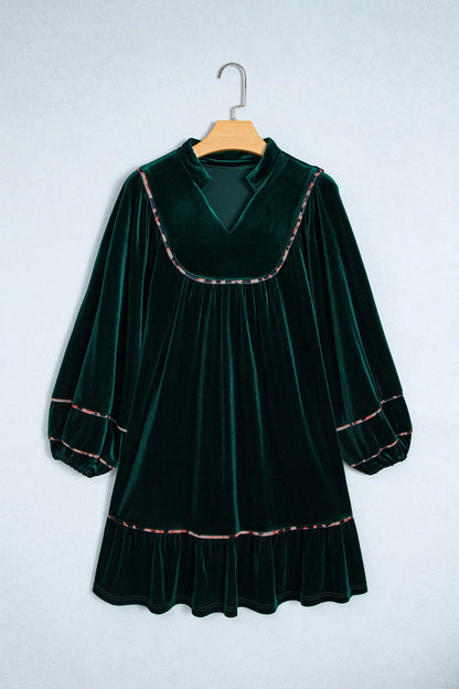 Blackish Green Leopard Trim Velvet Long Sleeve Shift Dress