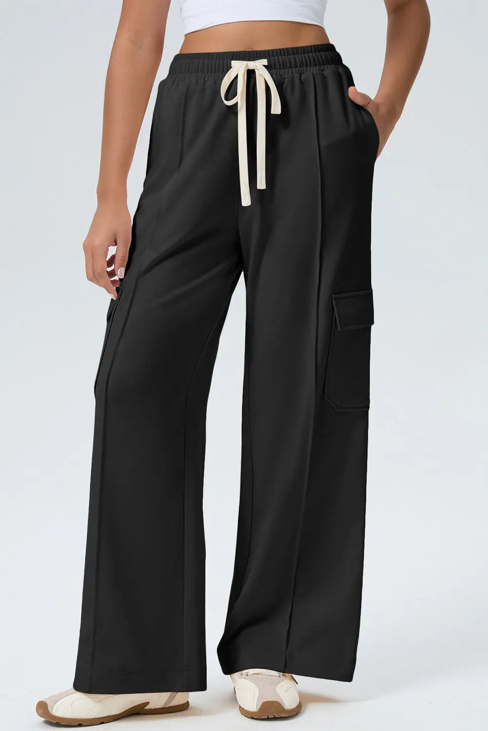 Black Solid Color Drawstring Elastic Waist Cargo Patch Pocket Active Pants