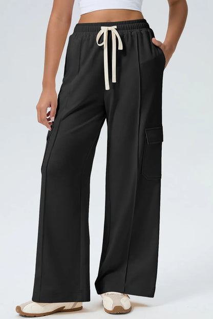 Black Solid Color Drawstring Elastic Waist Cargo Patch Pocket Active Pants