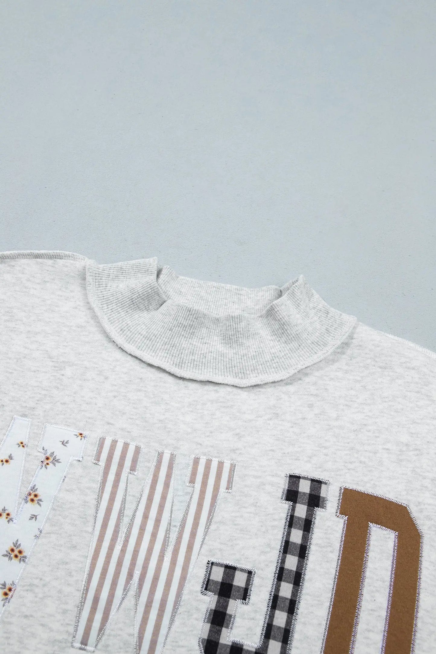 Coffee WWJD Mixed Pattern Embroidered Patch Graphic Mock Neck Sweatshirt