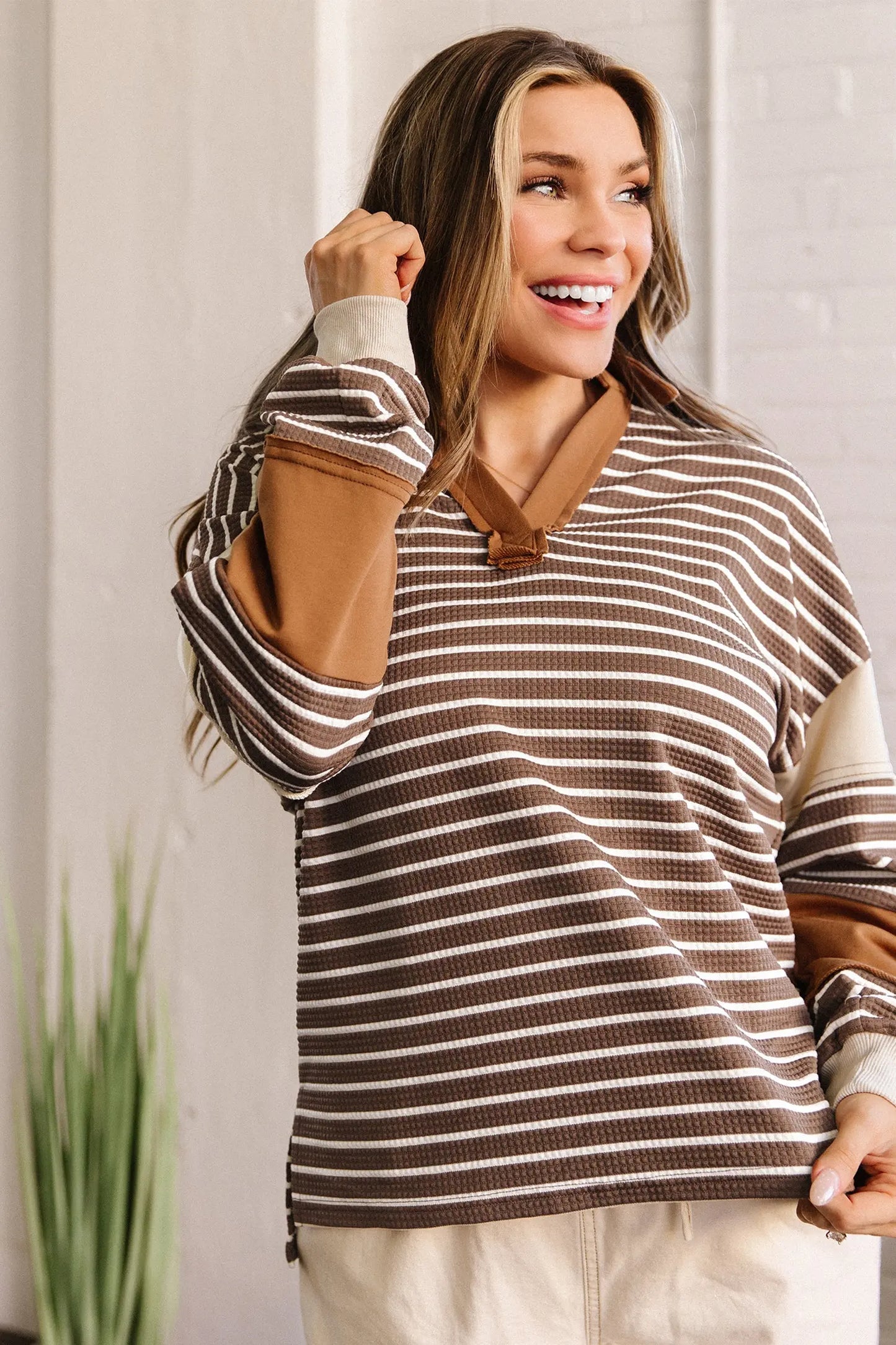 Brown Stripe Collar V Neck Color Block Detail Long Sleeve Pullover Top
