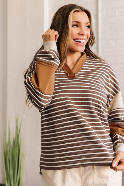 Brown Stripe Collar V Neck Color Block Detail Long Sleeve Pullover Top