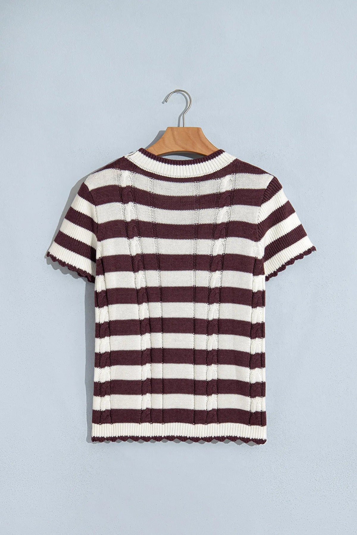 Brown Stripe Ribbed Knit Short Sleeve Sweater hanging view · nz-alt-v1