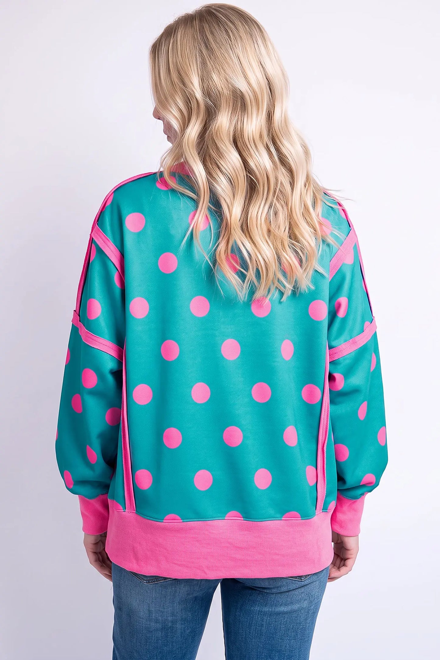 White Polka Dot Contrast Patchwork Round Neck Baggy Sweatshirt