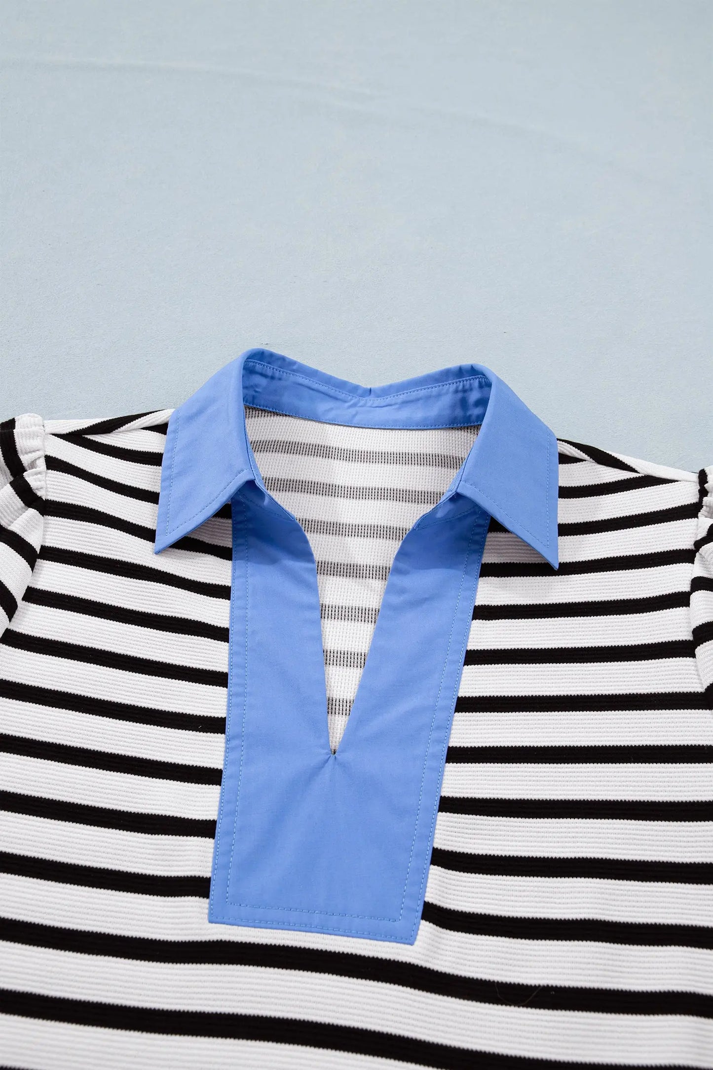 Blue Stripe Short Puff Sleeve Color Block Polo Collar Blouse Nataliz
