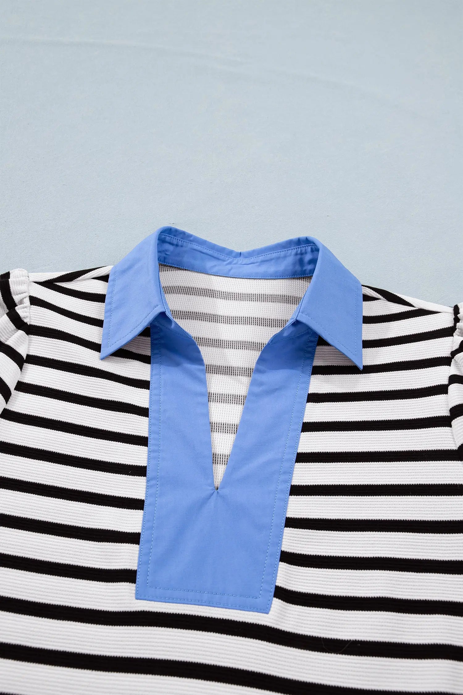 Blue Stripe Short Puff Sleeve Color Block Polo Collar Blouse Nataliz
