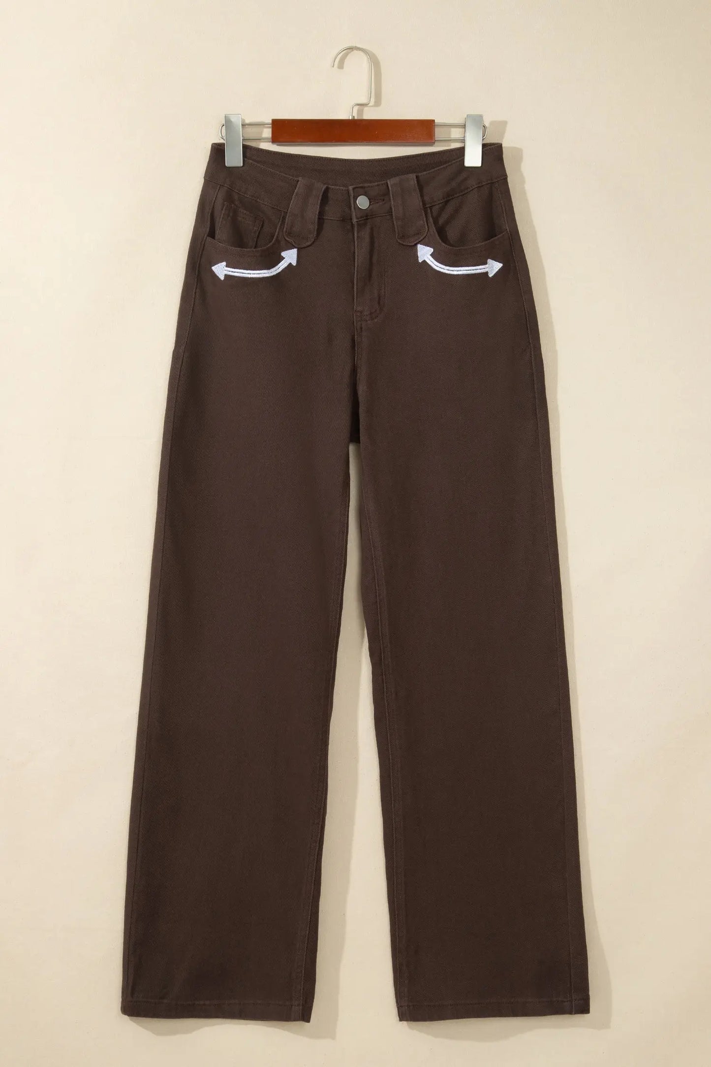 Coffee Western Colorblock Pockets Button Fly Decorative Belt Loops Straight Leg Jeans