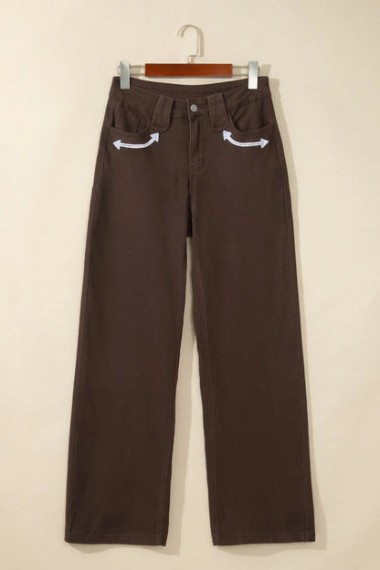 Coffee Western Colorblock Pockets Button Fly Decorative Belt Loops Straight Leg Jeans