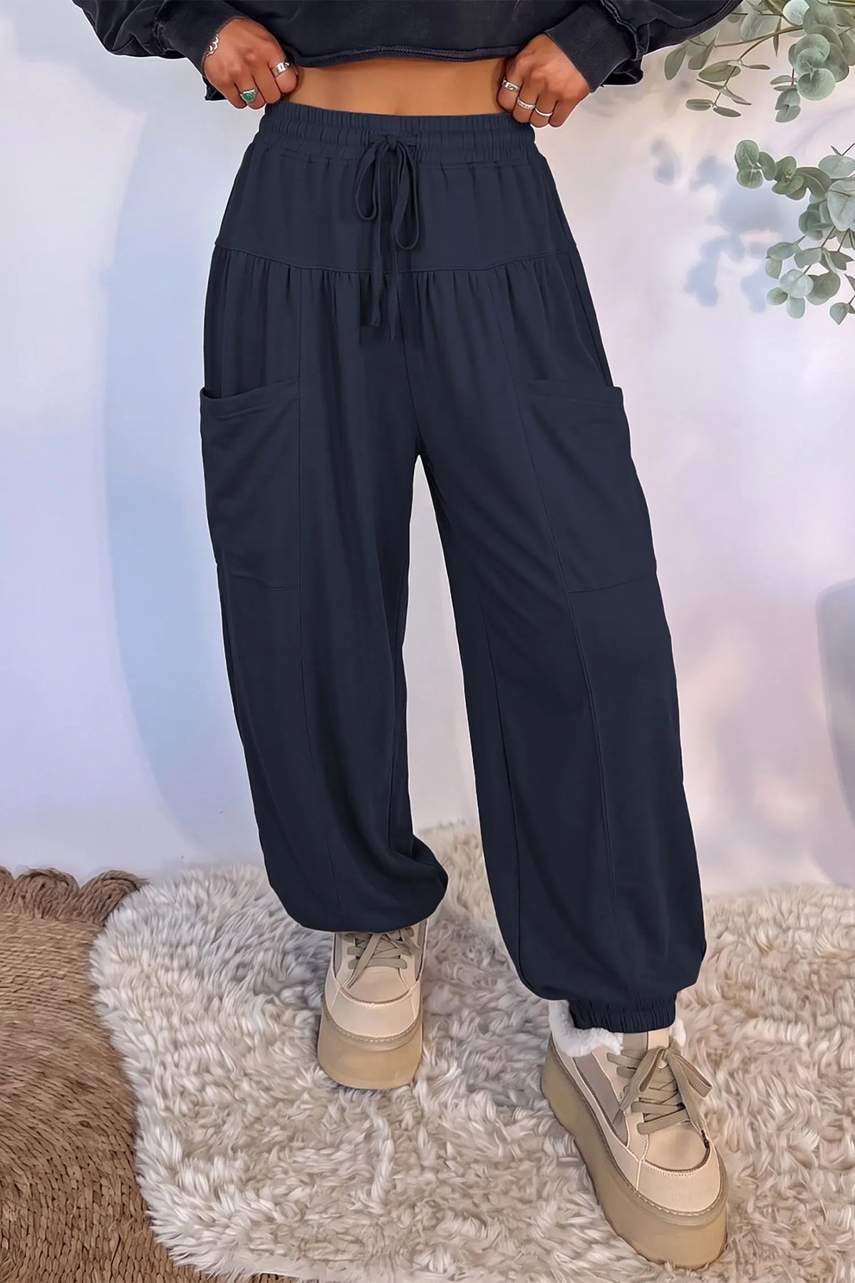 Dirty blue Elastic Waist Drawstring Wide Leg Full Length Pants