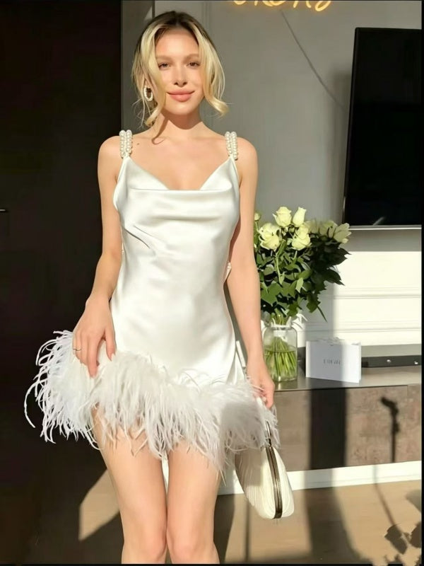 Pearl Strap Feather Trim Satin Mini Slip Dress model front view · nz-alt-v1