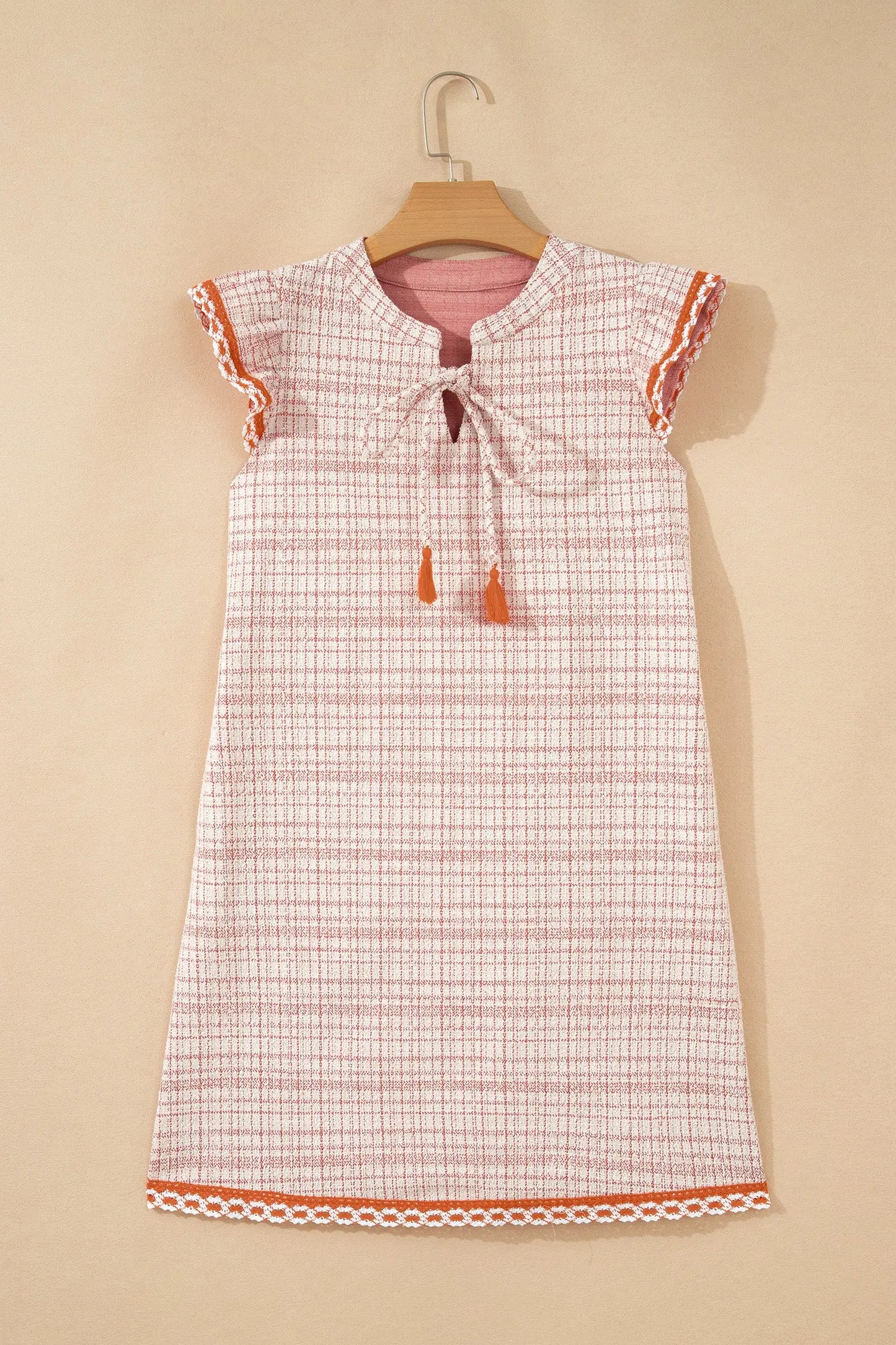 White Jacquard Textured Contrast Trim Short Sleeve Tassel Tie Shift Dress