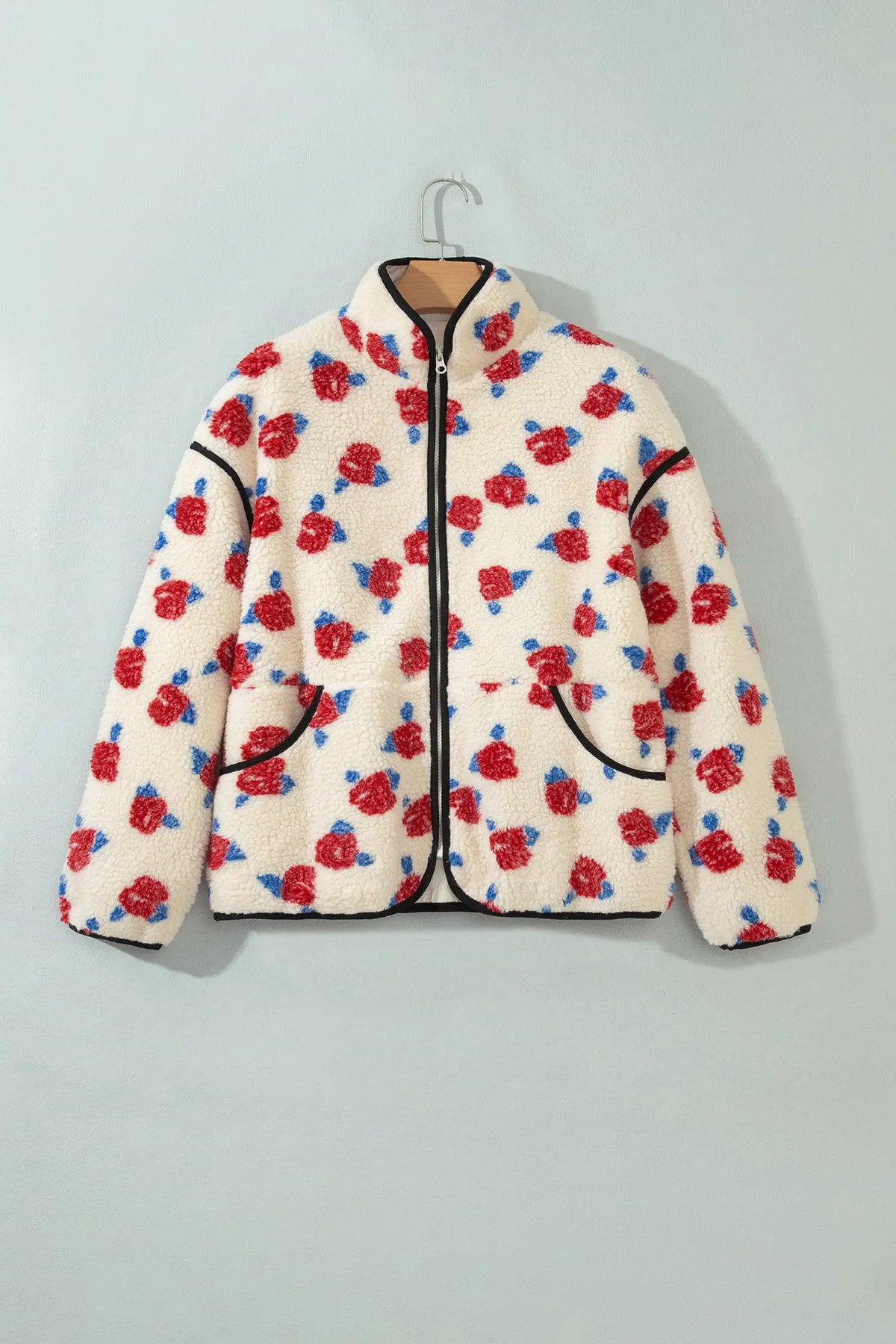 White Floral Print Zipper Stand Neck Outerwear Fleece Coat
