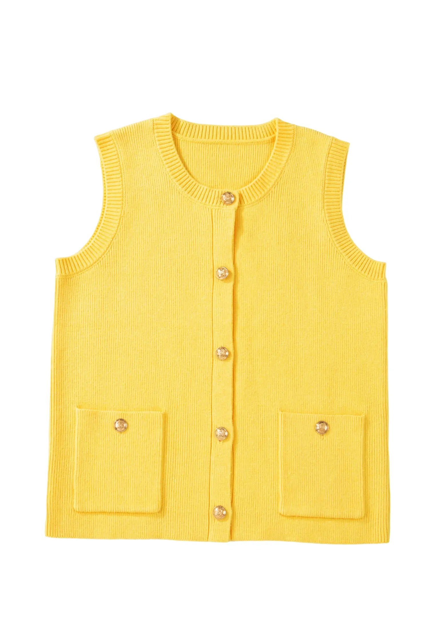 White Solid Color Sleeveless Knit Button Pocketed Sweater Nataliz