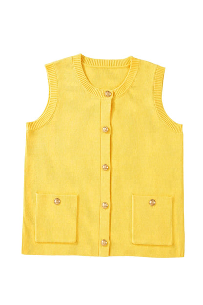 White Solid Color Sleeveless Knit Button Pocketed Sweater Nataliz