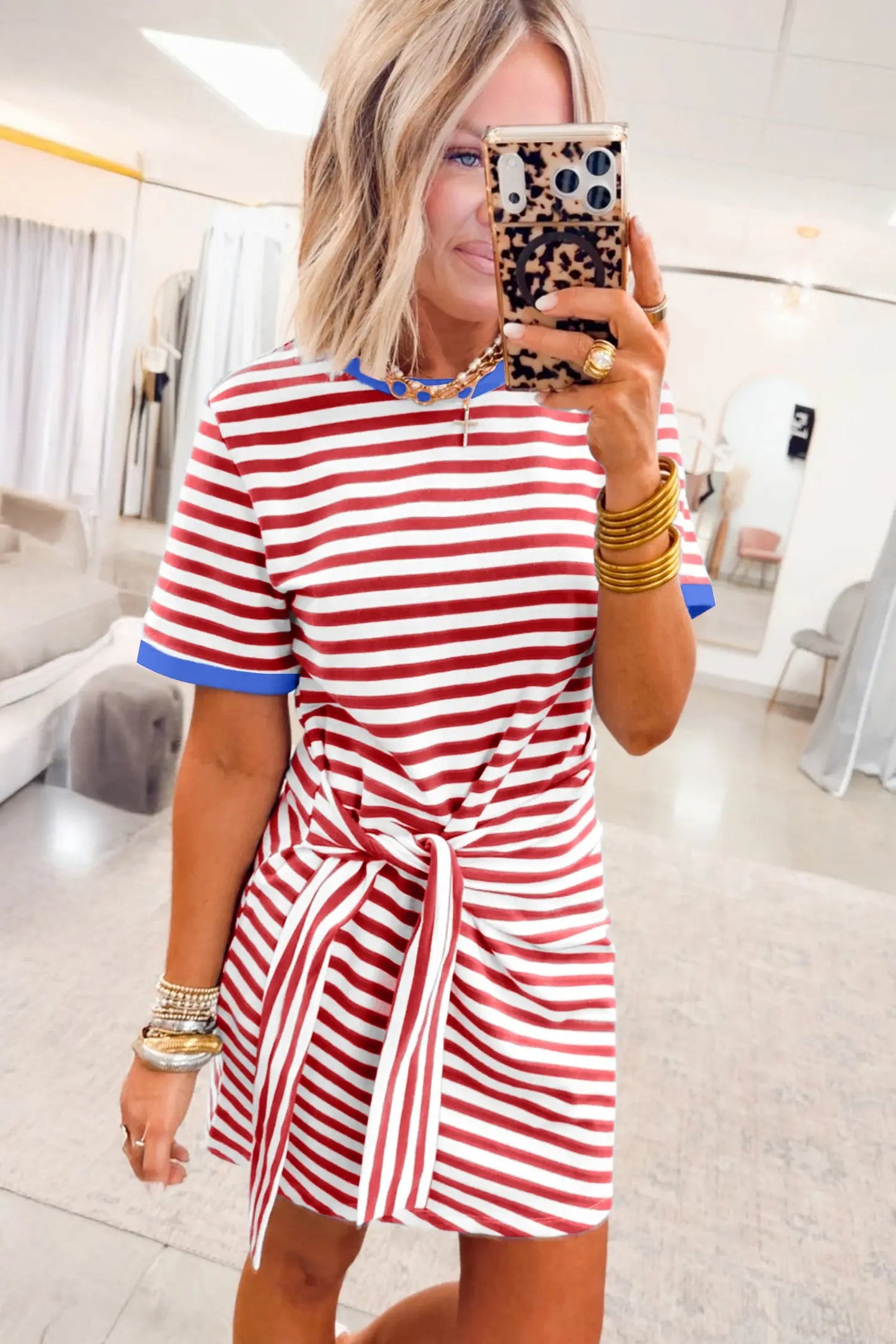 Sky Blue Stripe Nautical Tie Contrast Trim Round Neck T Shirt Mini Dress Nataliz