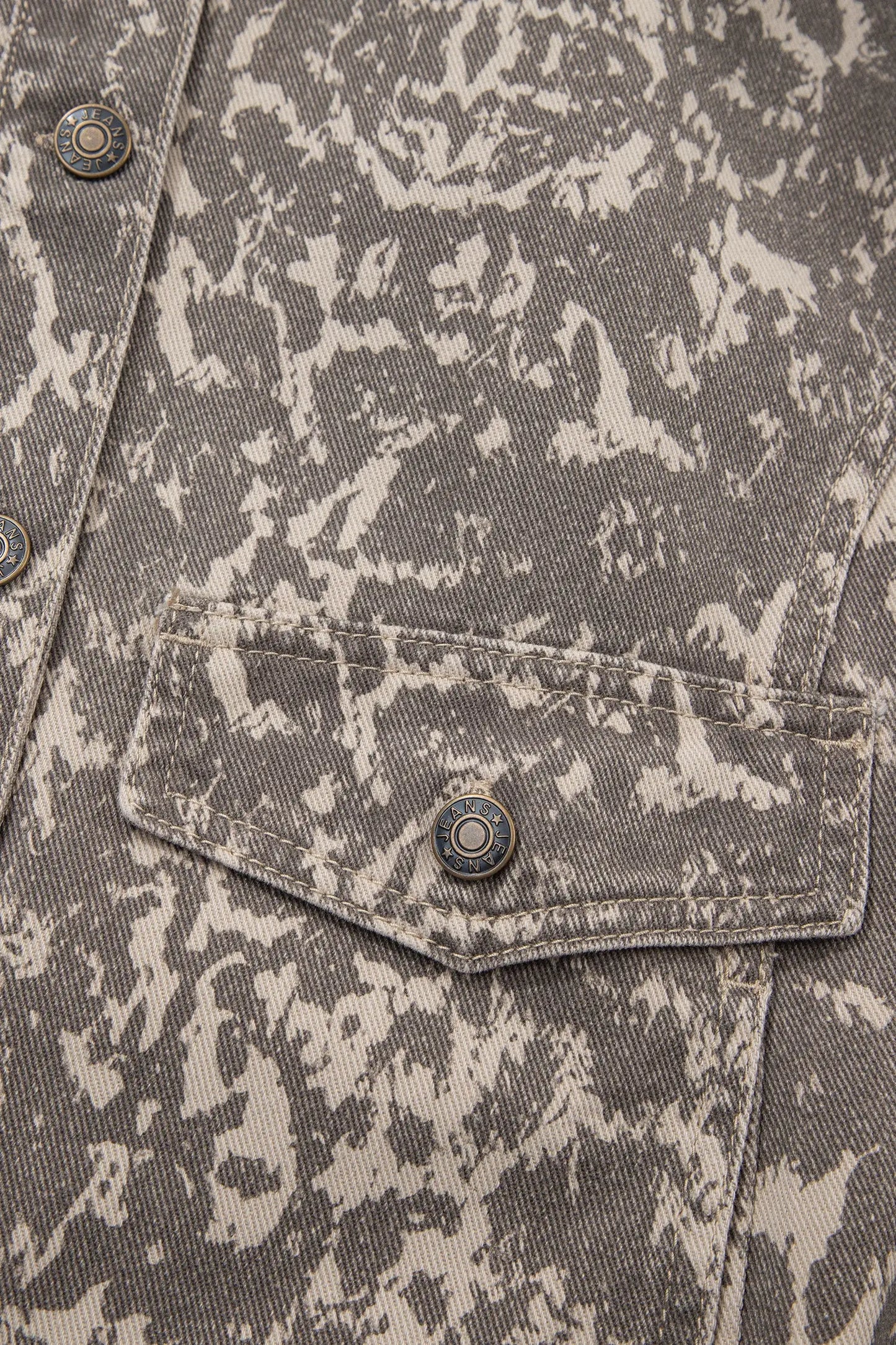 Khaki Abstract Print Long Sleeve Collar Raw Hem Denim Jacket