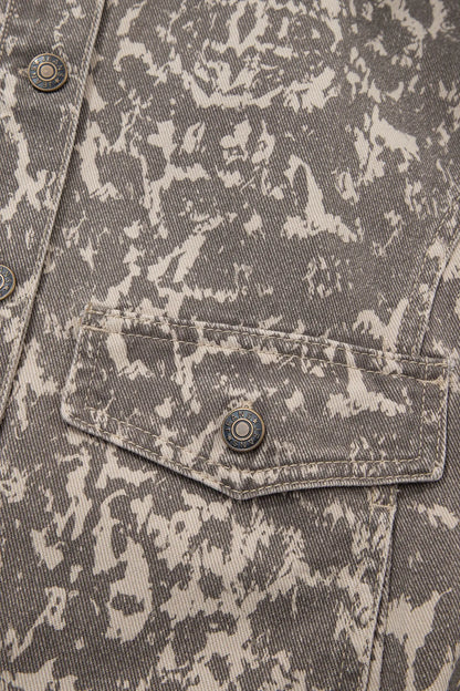 Khaki Abstract Print Long Sleeve Collar Raw Hem Denim Jacket
