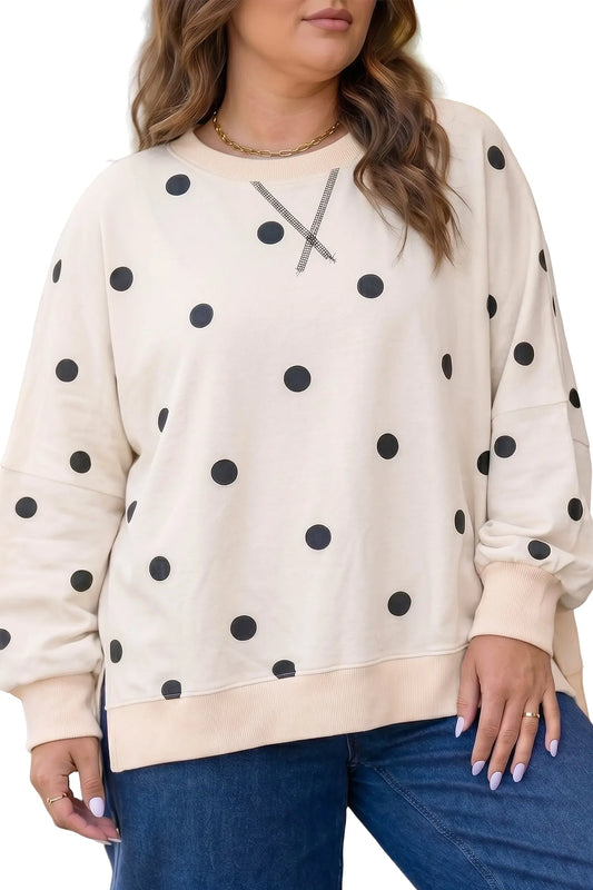 Beige Round Neck Long Sleeve Polka Dot Plus Size Top