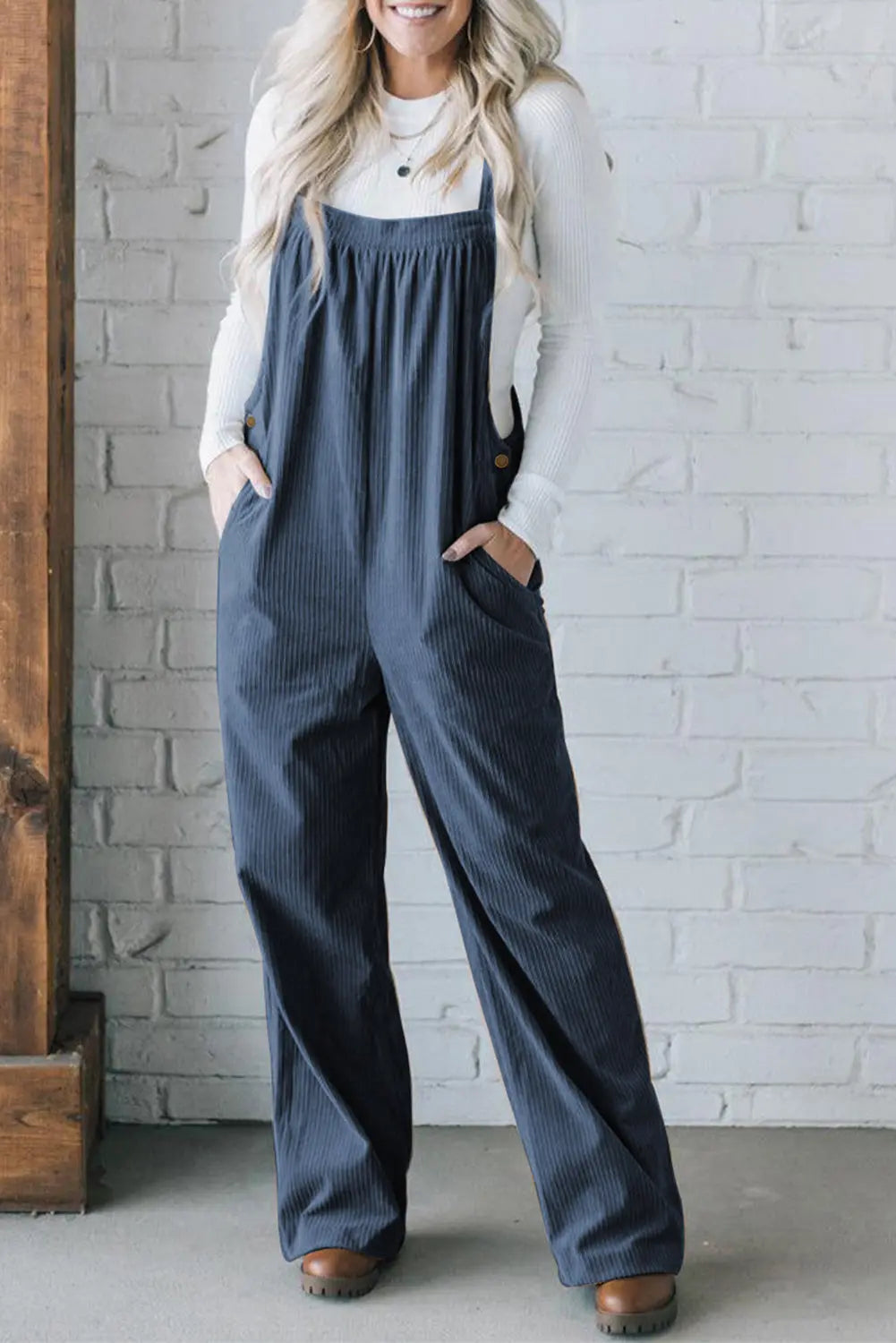 Real Teal Button Adjustable Straps Solid Color Corduroy Jumpsuit