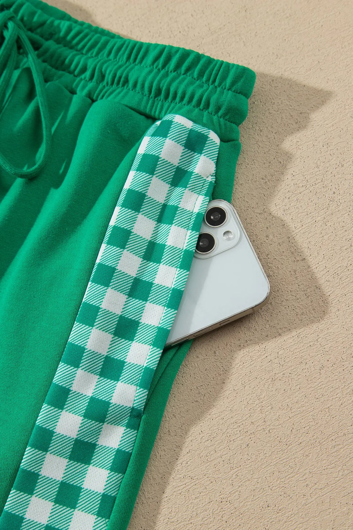 Bright Green Plaid Patchwork Half Zip Pullover Drawstring Short Set
