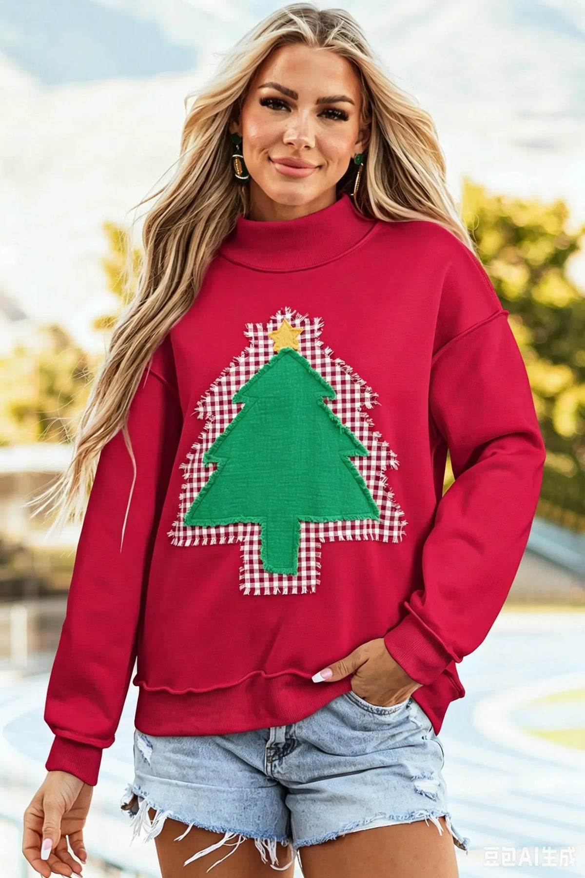 Fiery Red Frayed Applique Christmas Tree Mock Neck Pullover Sweatshirt model front view · nz-alt-v1