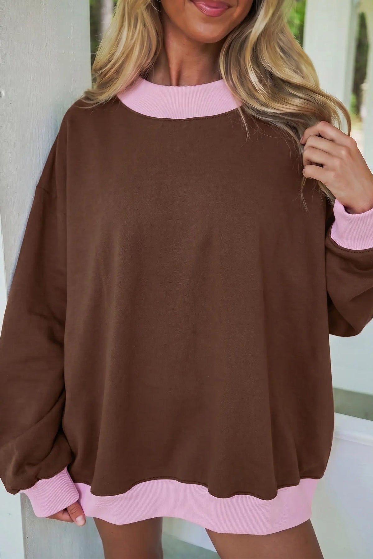 Coffee Colorblock Trim Crewneck Long Sleeve Pullover Sweatshirt