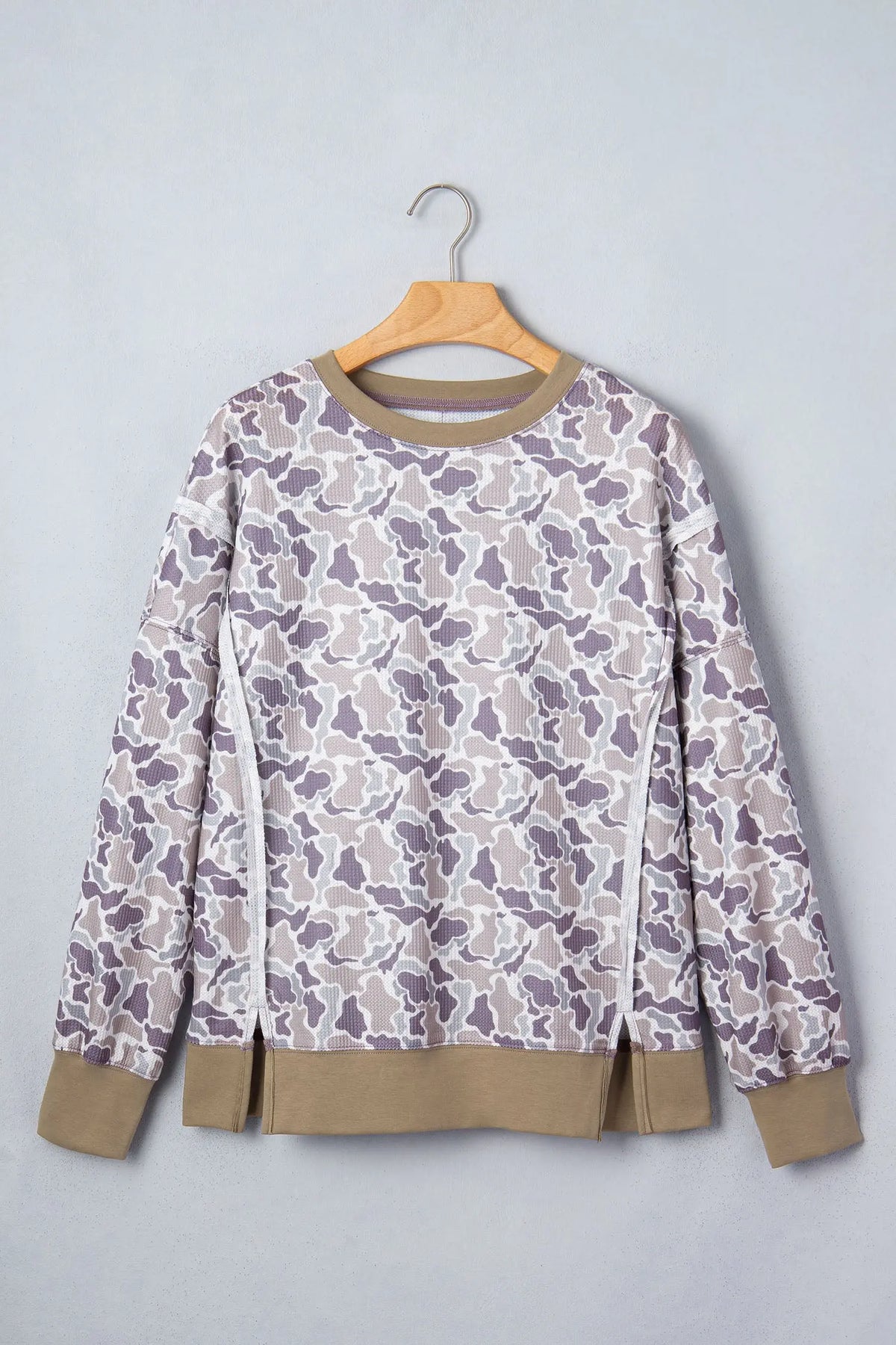 Khaki Camouflage Print Textured Knit Color Block Trim Long Sleeve Top