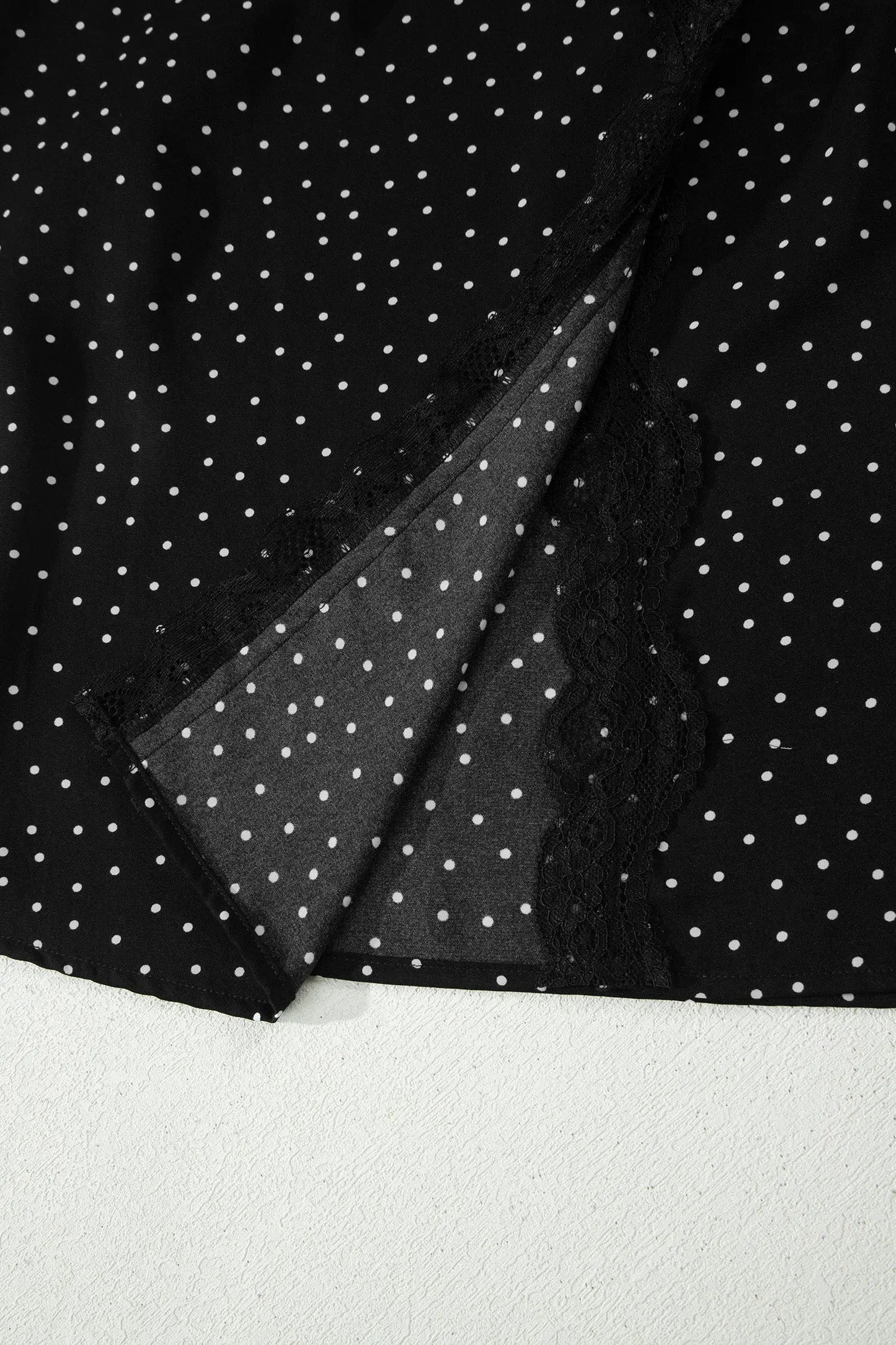 Black Polka Dot Print Lace Trim Wrap Mini Dress - Casual Dresses