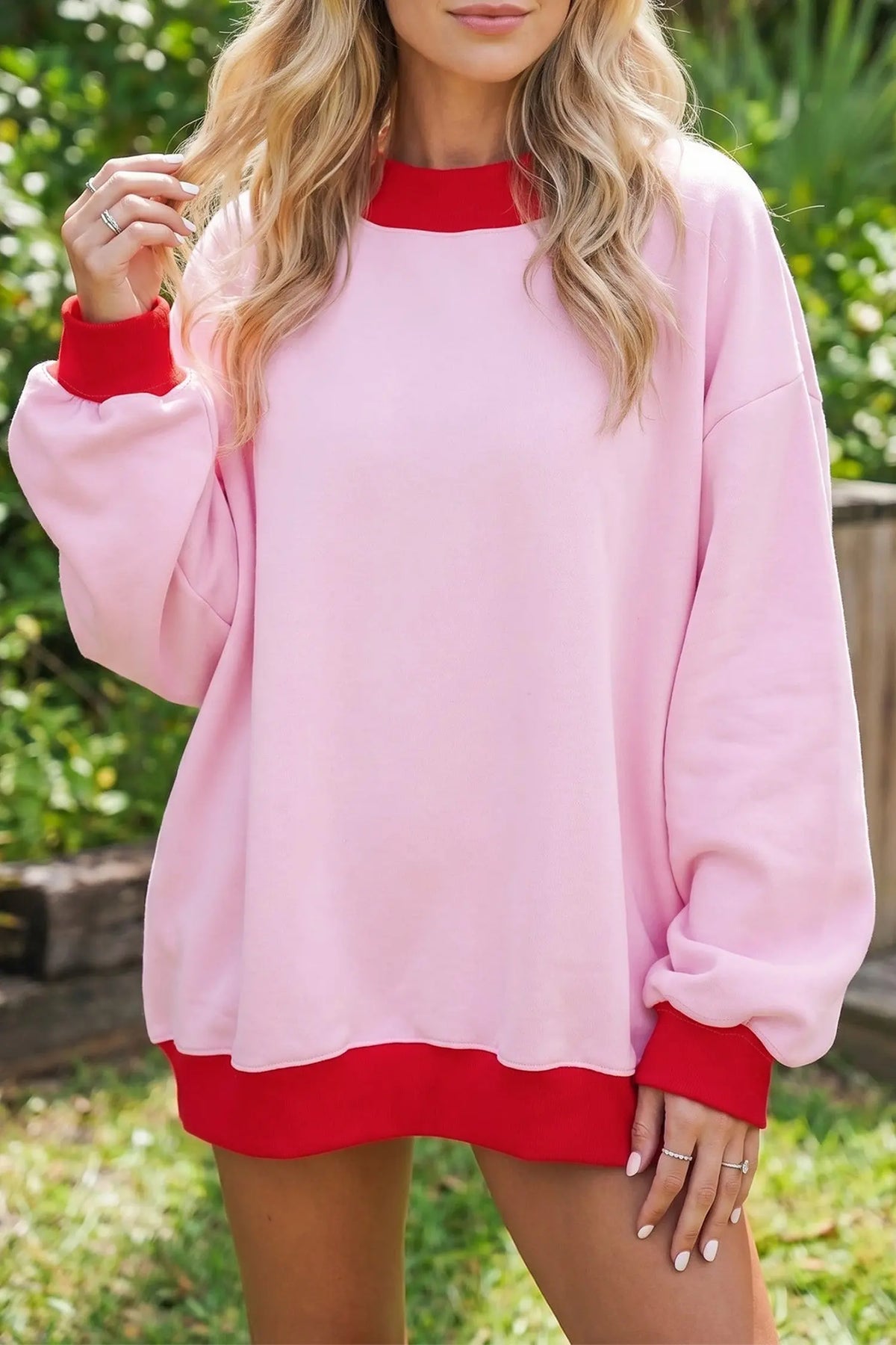 Coffee Colorblock Trim Crewneck Long Sleeve Pullover Sweatshirt