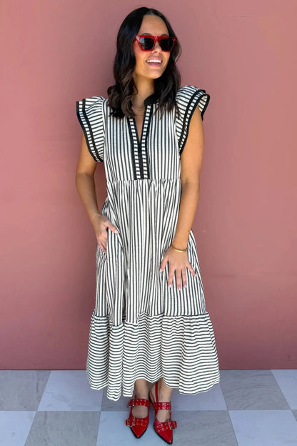 Black Stripe Plus Size Slit V Neck Tiered Flutter Sleeve Maxi Dress Nataliz