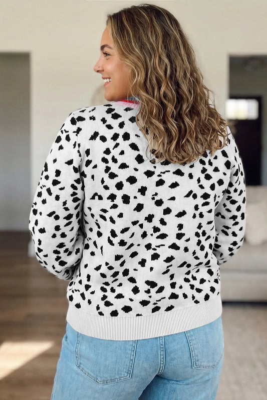 White Leopard Print Colorblock Round Neck Long Sleeve Tunic Plus Size Sweater model back view · nz-alt-v1