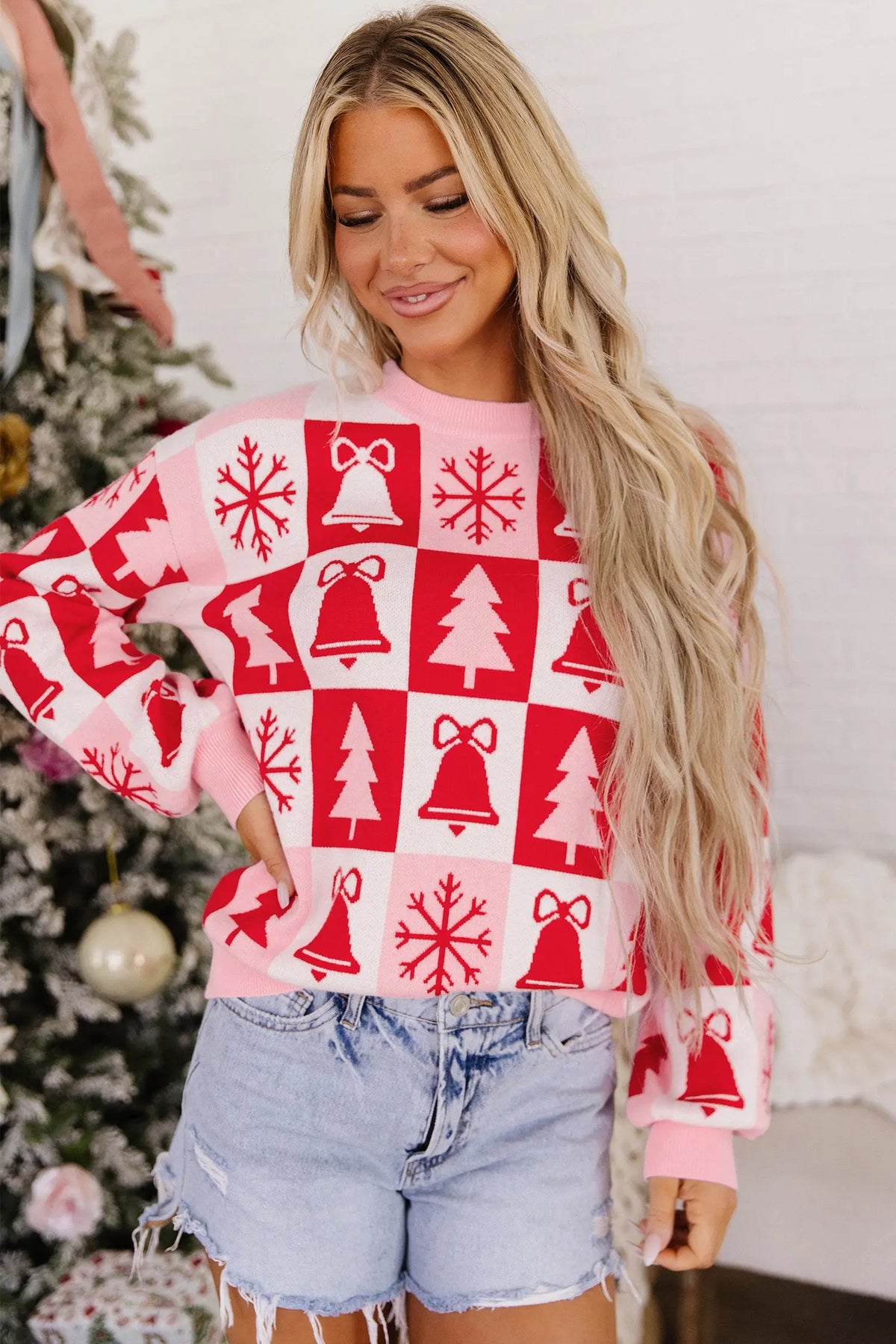 Pink Christmas Plaid Pullover Round Neck Long Sleeve Casual Fit Tunic Knitwear Sweater