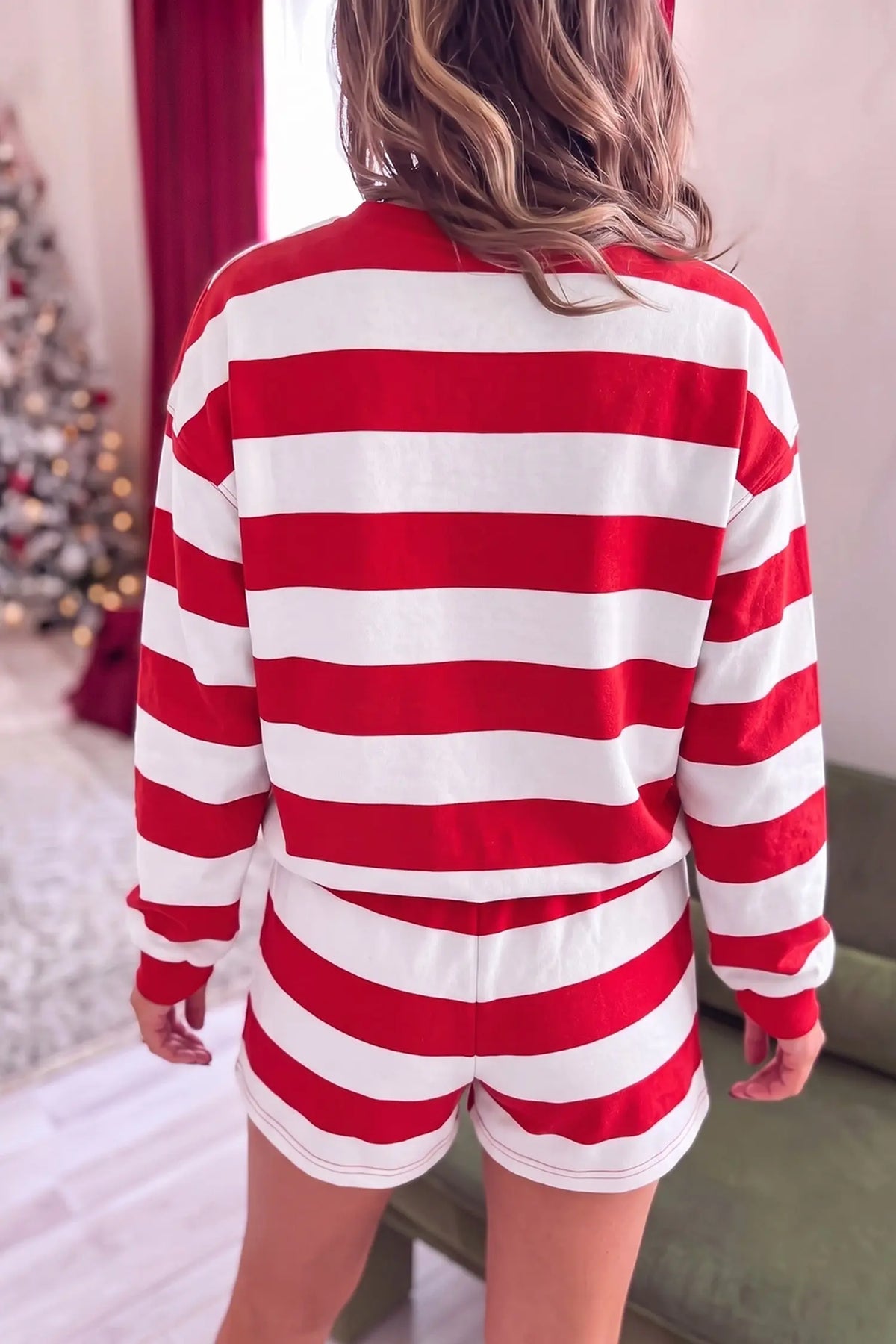 Pink Stripe Holly Jolly Embroidery Pullover Long Sleeve Two Piece Shorts Set