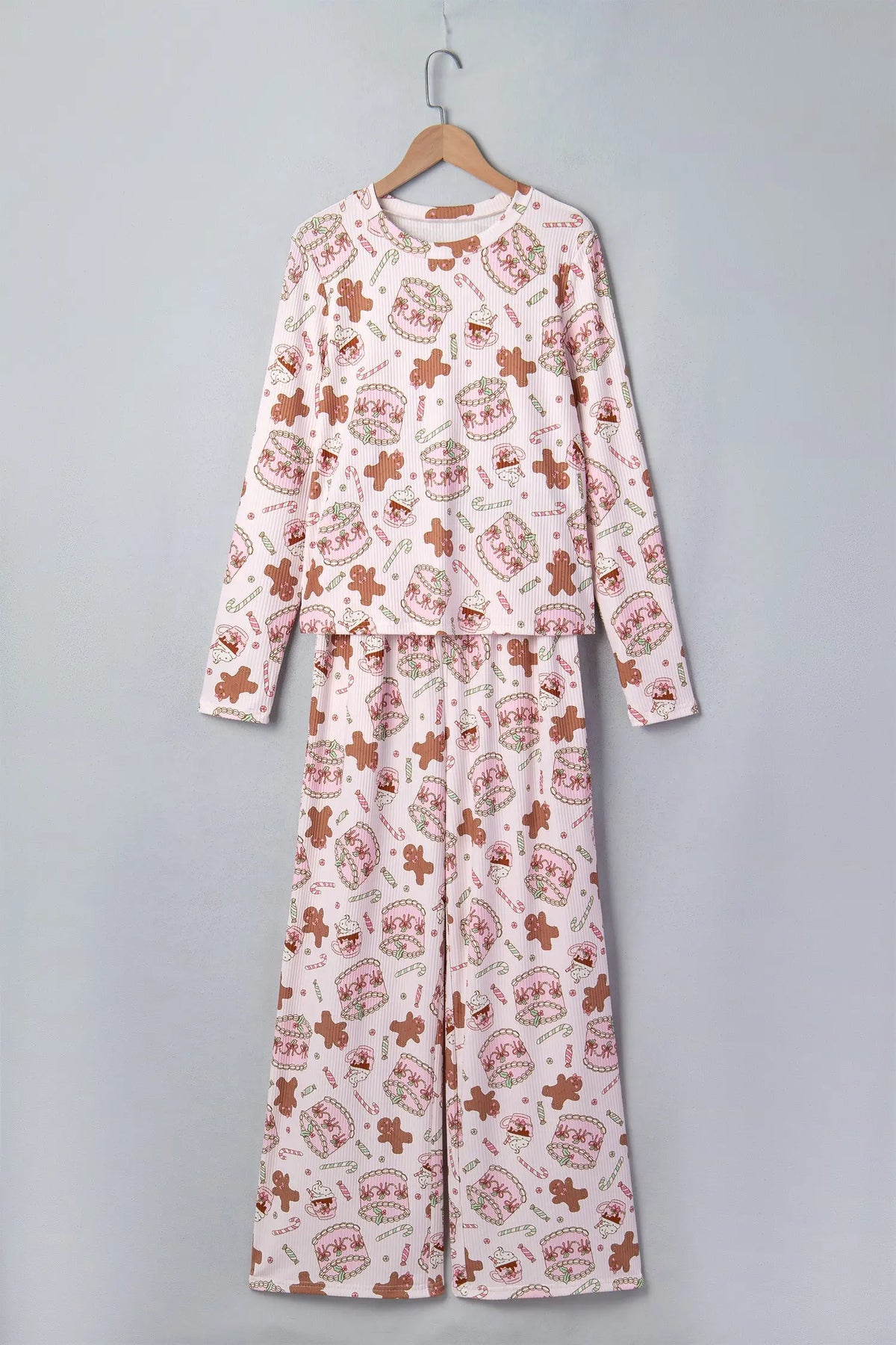 Pink Abstract Christmas Print Long Sleeve Two Piece Lounge Set