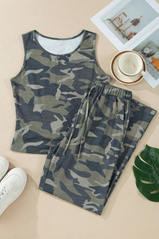 Green Camouflage Print Slim Tank Drawstring Pant Set Nataliz