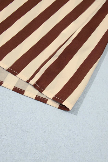 Brown Stripe V Neck Half Sleeve Casual Blouse