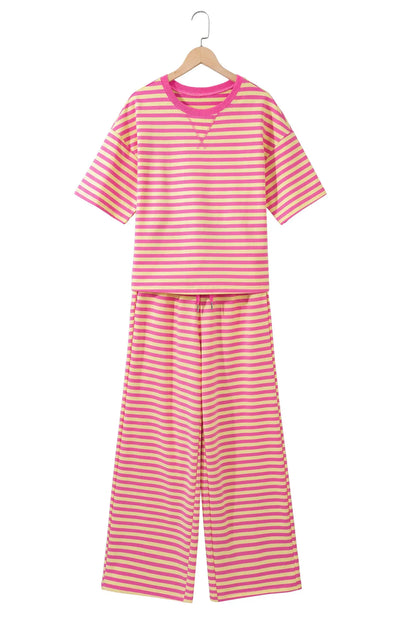 Yellow Stripe Colorblock Trim Crew Neck Loose Tee Drawstring Elastic Waist 2pcs Pant Set
