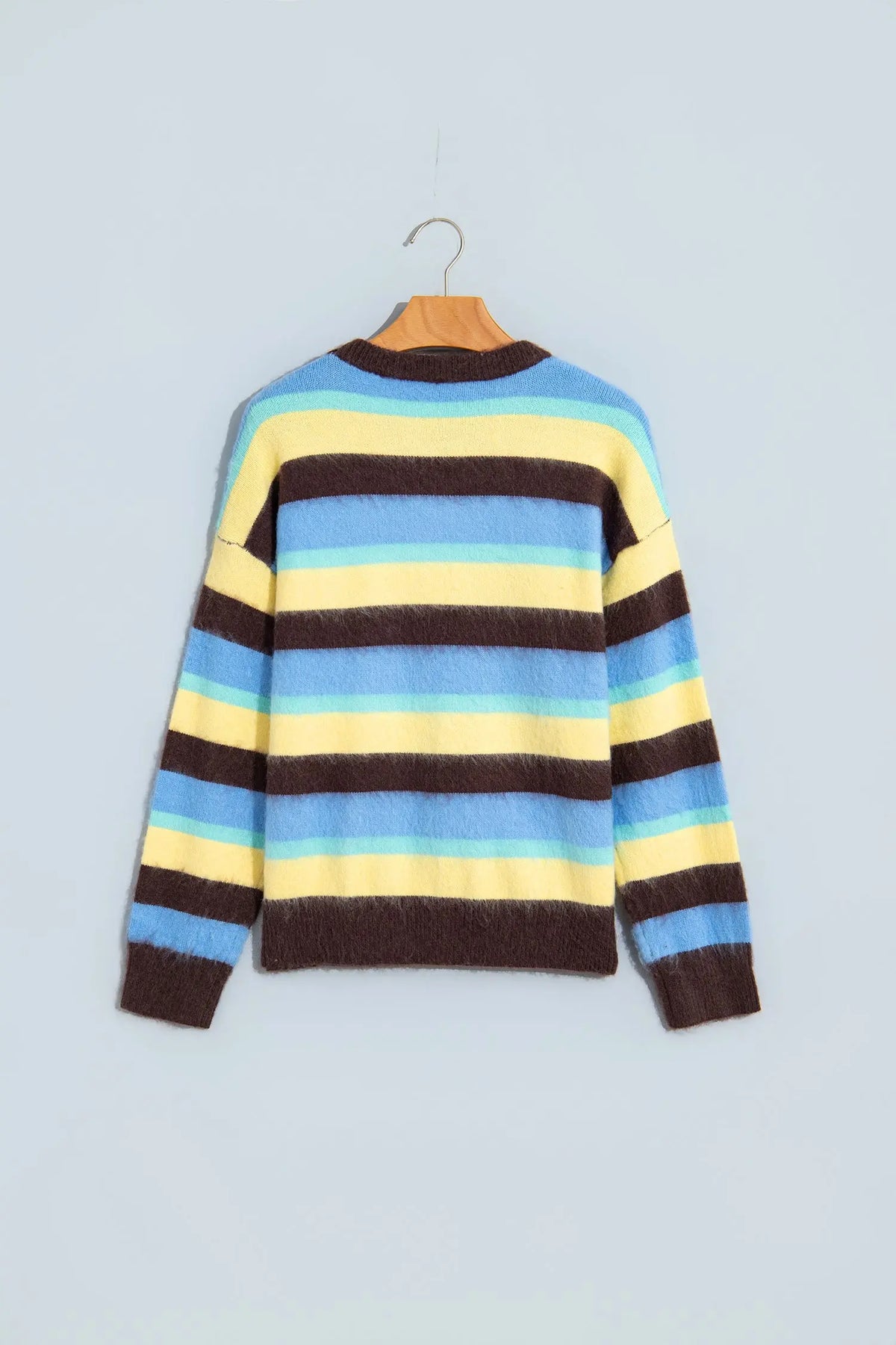 Multicolour Fuzzy Striped Knit Round Neck Casual Shift Sweater