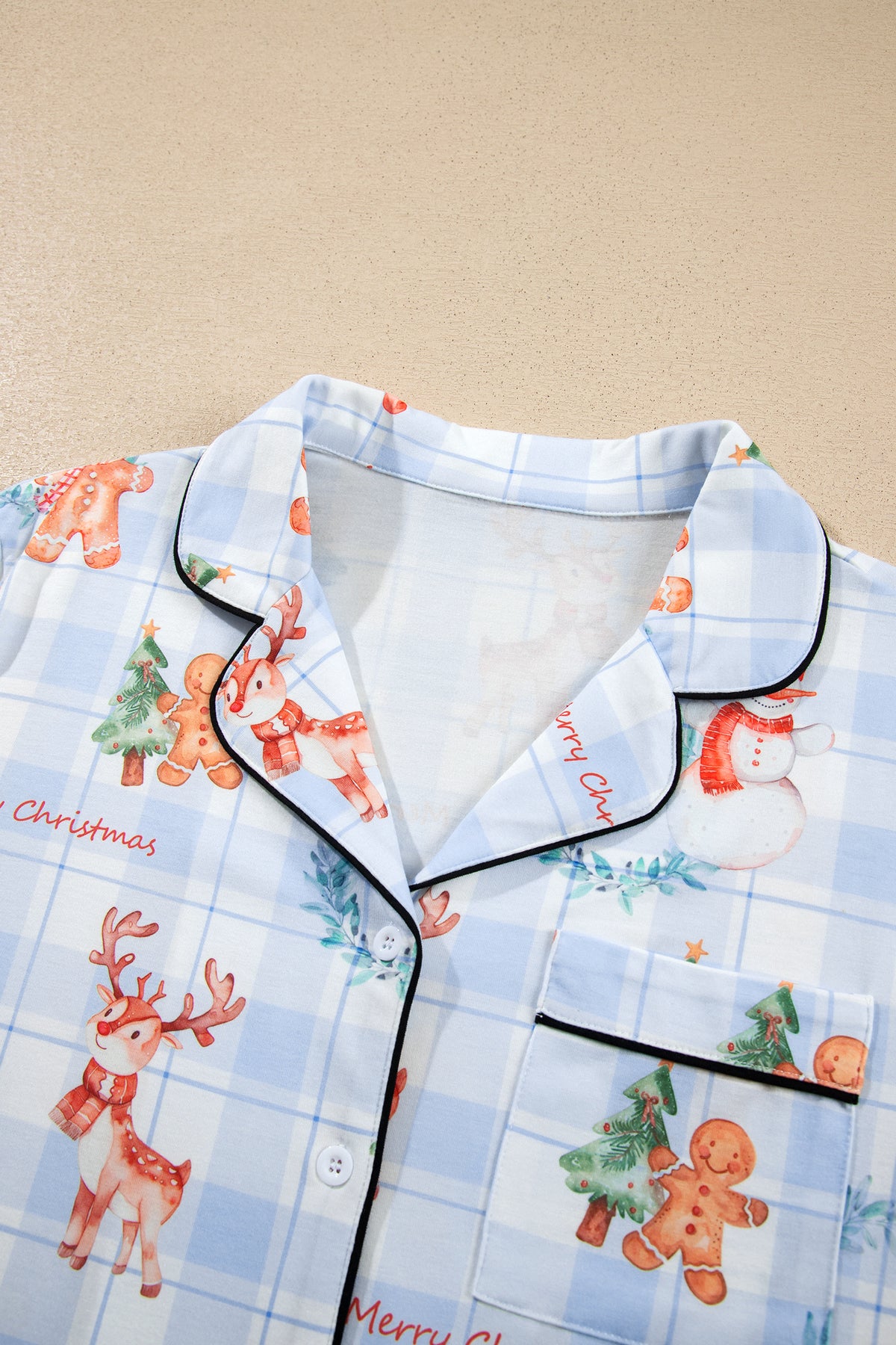 Sky Blue Plaid Cartoon Christmas Pattern Shirt Top 2pcs Pajama Set