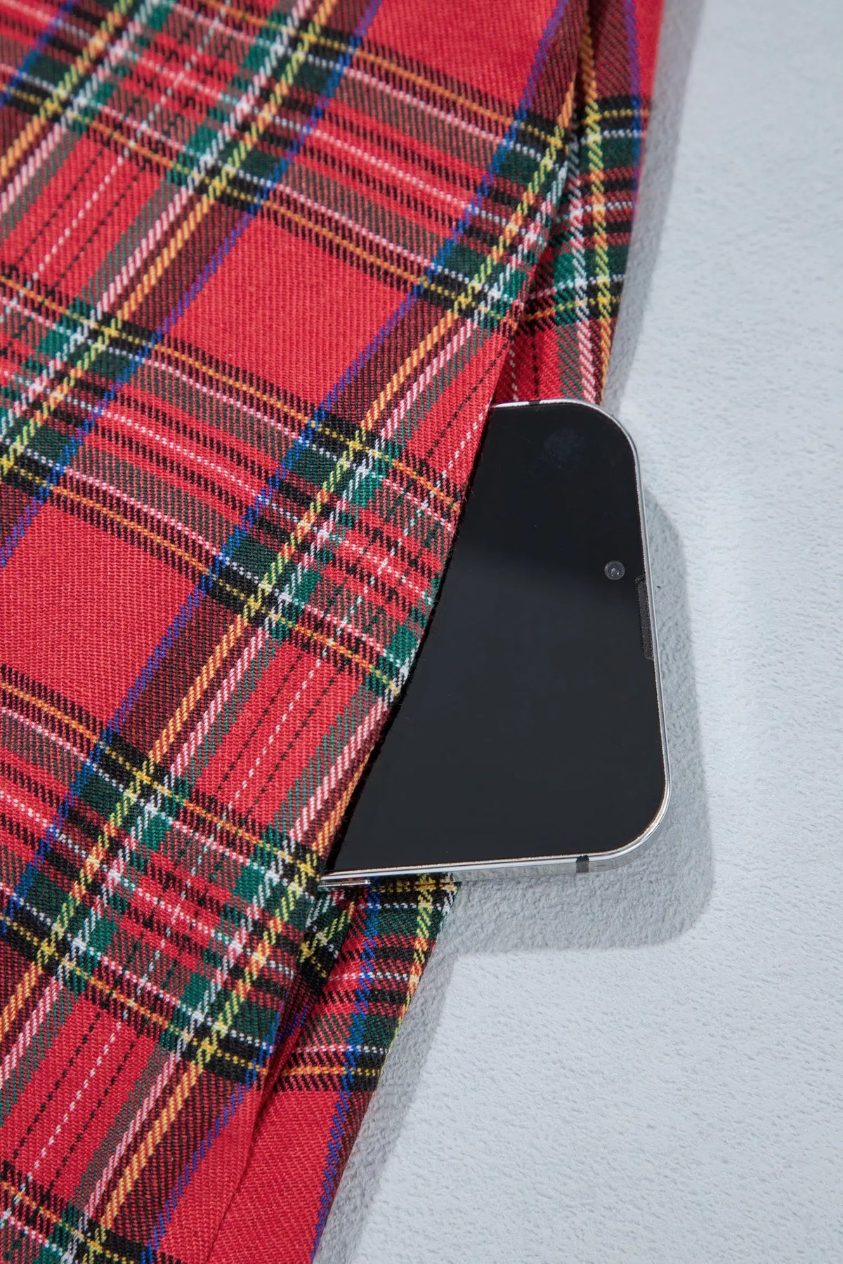 Red plaid v neck collar cuff shift dress detail view · nz-alt-v1