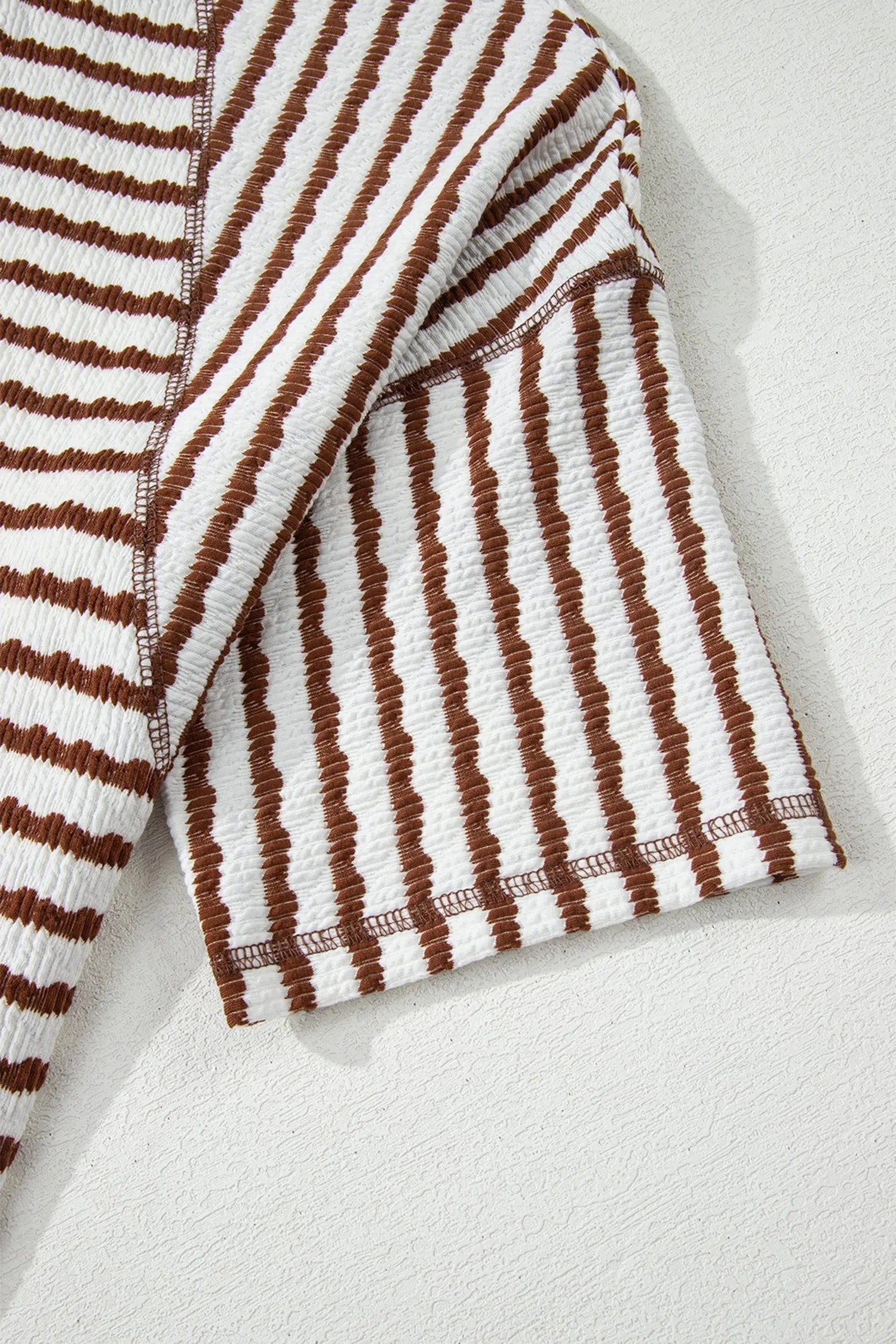 Brown Stripe Textured Knit Split Hem Half Sleeve Loose Top Dear-Lover Dropshipping