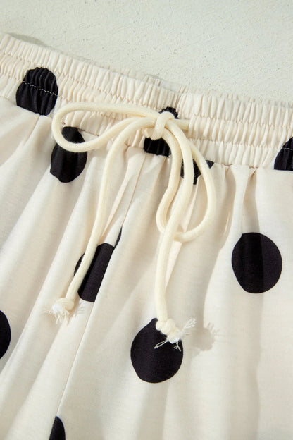 Beige Polka Dot Print V Neck Tee Short Set Nataliz