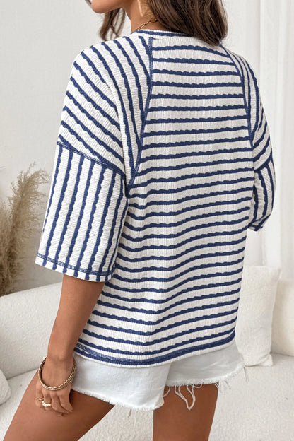 Brown Stripe Textured Knit Split Hem Half Sleeve Loose Top Nataliz