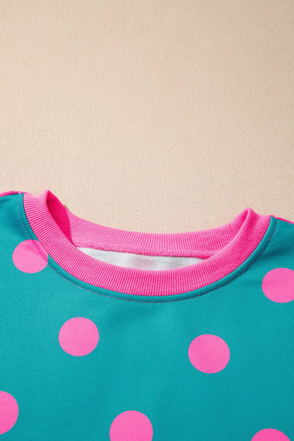White Polka Dot Contrast Patchwork Round Neck Baggy Sweatshirt