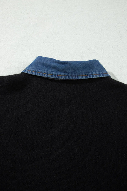 Black Denim Patchwork Collar Cuffed Casual Sweater